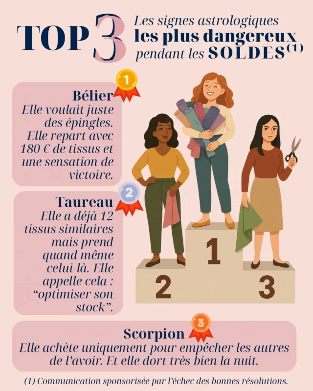 Elles sont parmi nous… Elles ont l’air normales… Mais pendant les soldes, elles deviennent… dangereuses 😈

🥇 Bélier : Panier validé en transe.
🥈 Taureau : Panier validé par pur principe.
🥉 Scorpion : Panier validé pour dominer l’univers.

➡️ Et toi, tu te reconnais dans lequel de ces profils ? 👀
(Pas de panique. Ici, on ne juge pas… ou alors très fort, mais en silence.)

#leslubiesdecadia #humourcouture #soldescouture #coutureaddict #jecoudsagarderobe #passioncouture #instacouture #couturetherapie #faitparmesdixdoigts